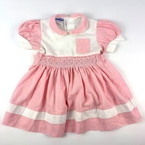 VTG Polly‎ Flinders Dress 3T Pink White Smocked Embroidered Puff Sleeves Pocket
